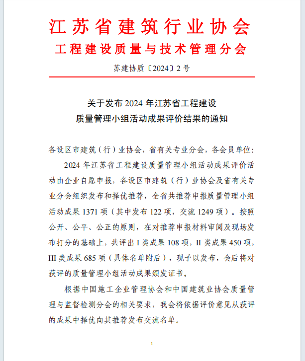 【喜訊】集團公司多項QC成果榮獲2024年江蘇省建設質量管理小組活動成果獎、多項工法被評為江蘇省省級工法